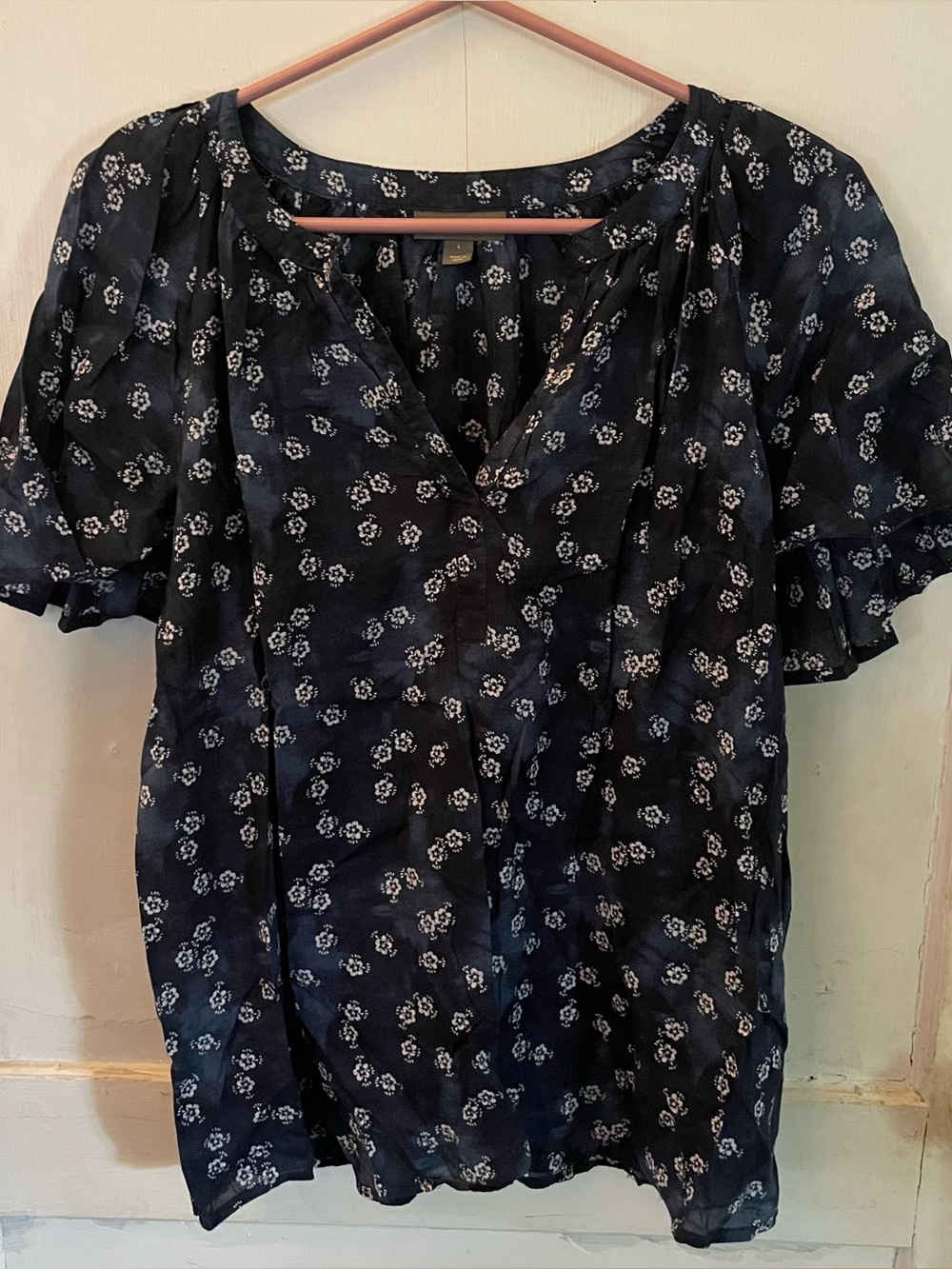 Style & Co. Navy Floral V-Neck Short Sleeve Blouse